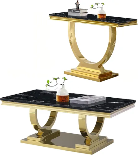 Miniatura 24 de Juego de 2 mesas de café de mármol, juego de mesa de sala de estar de 2 piezas que incluye 1 mesa auxiliar y 1 mesa auxiliar, moderna mesa auxiliar