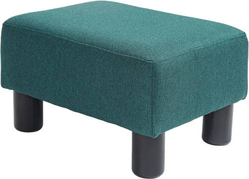 Miniatura 13 de HOMCOM Reposapiés otomano, taburete pequeño con tapicería de tela de lino y patas de plástico, otomana cubo para sala de estar, beige