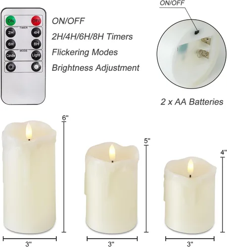 Miniatura 6 de Homemory juego de 3 velas LED de cera que gotean sin llama, con control remoto y temporizador, funcionan con pilas, de 5 pulgadas de alto x 4 Cera