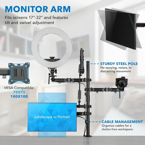 Miniatura 6 de Mount-It! Soporte de escritorio de transmisión todo en uno – Configuración de 4 brazos para monitor, cámara, anillo de luz y micrófono – Equipo