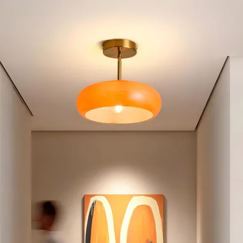 Miniatura 7 de FCTWAKS Lámpara de techo semiempotrada dorada moderna de 11 pulgadas con pantalla de cristal naranja, lámpara de mediados de siglo para pasillo