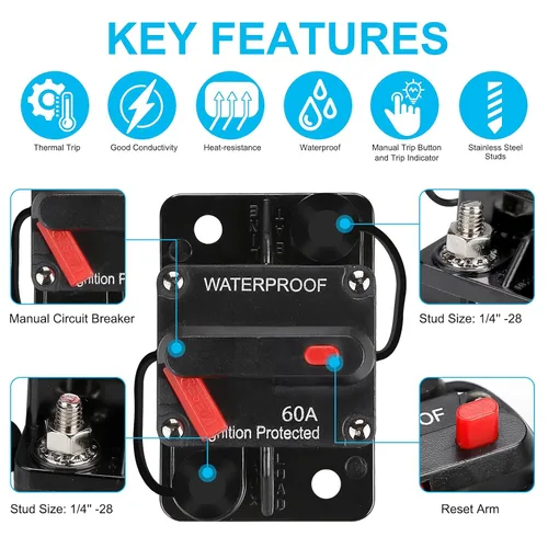 Miniatura 5 de Generic Disyuntor impermeable, portafusibles, disyuntor de audio, con reinicio manual, 12V-48V CC, 30A-300A, para sistema de audio de barco marino