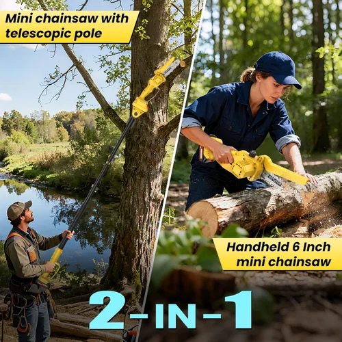 Miniatura 2 de Sierras de poste eléctricas 2 en 1 para recortar árboles, mini motosierra inalámbrica de 6 pulgadas con poste de extensión, sierra de cadena