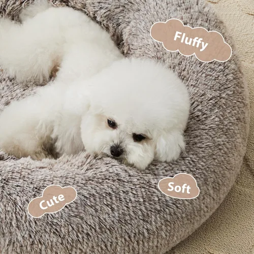Miniatura 2 de WNPETHOME - Cama calmante para perros y gatos, anti-ansiedad, de piel sintética, con forma de dona, redonda de felpa (24 x 24 pulgadas, café claro)