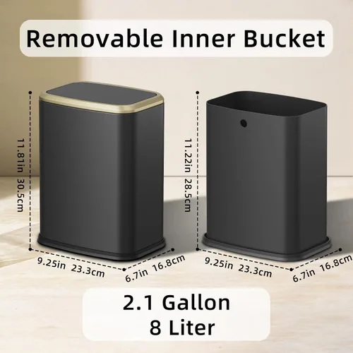 Miniatura 6 de Cubo de basura pequeño para baño de 8L/2.1 galones con tapa, cubo de basura rectangular con tapa abatible, cubo de basura de acero inoxidable