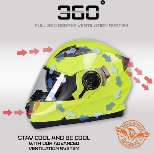 Miniatura 4 de Cascos Milwaukee MPH9809DOT Ionized Amarillo Neón Avanzado Casco Modular de Motocicleta para Motociclista con Visera Desmontable
