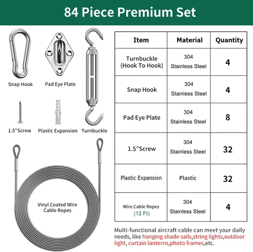 Miniatura 4 de Kit de accesorios para toldo de 6 pulgadas, juego de 84 piezas de accesorios de montaje de vela de acero inoxidable con 48 pies (12 pies x 4) cables