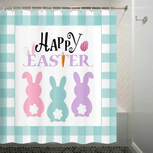 Miniatura 3 de Boziqr Cortina de ducha de Pascua para baño, lindo conejo, conejo, búfalo, cuadros cuadrados, cortinas de baño, tela verde azulado, accesorios
