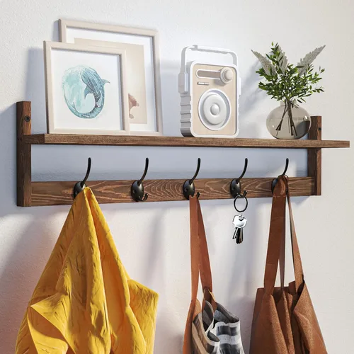 Miniatura 9 de BAMEOS Ganchos de pared de 35" L con estante, ganchos para abrigos de entrada, estante de madera para colgar en la pared, perchero montado en pared