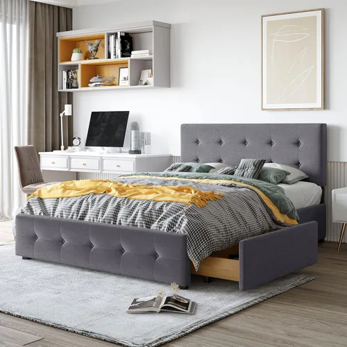 Miniatura 12 de Harper & Bright Designs Cama de plataforma tapizada tamaño Queen con almacenamiento, marco de cama Queen con 4 cajones y cabecero copetudo