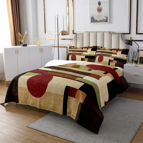 Juego de colcha abstracta tamaño King para niños, niñas, color rojo, marrón, verde, juego de edredón de estilo retro, colcha de rayas cuadradas de 3
