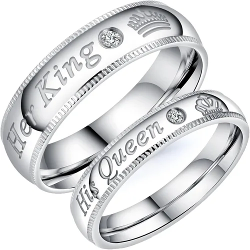 Fashion Ahead Juego de 2 anillos de compromiso de acero inoxidable a juego para parejas con su reina, su reina, su rey, su rey, su rey, sus anillos