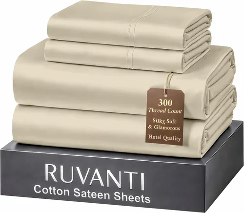 RUVANTI Juego de sábanas de 100 % algodón tamaño matrimonial, tejido de satén suave y sedoso de 300 hilos, refrescante, ligero y transpirable, Beige