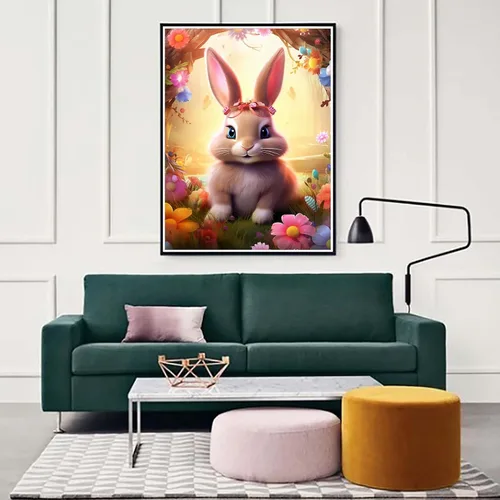 Miniatura 3 de Zariocy Kits de arte de diamantes 5D para adultos, conejo, pintura de diamantes de bricolaje, arte de animales, flores redondas, taladro completo