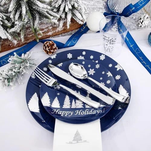 Miniatura 8 de Hioasis 175 piezas de platos de plástico para Navidad - Platos desechables de plástico azul y plateado incluyen 25 platos para cenar, 25 platos
