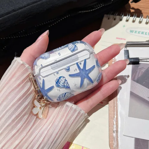 Miniatura 8 de MINSCOSE Compatible con AirPods Pro de 2ª/1ª generación, bonito diseño de patrón de conchas y estrellas de mar con llavero, funda protectora de TPU
