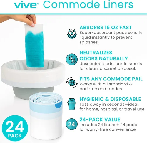 Miniatura 2 de Vive Bolsas de repuesto para silla de noche de inodoro portátil con almohadillas absorbentes, desechables, para brazo estándar bariátrico, cubos