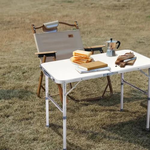 Miniatura 2 de Mesa plegable de aluminio, mesa de campamento multiusos para picnic, mesa rectangular portátil y ajustable, color blanco