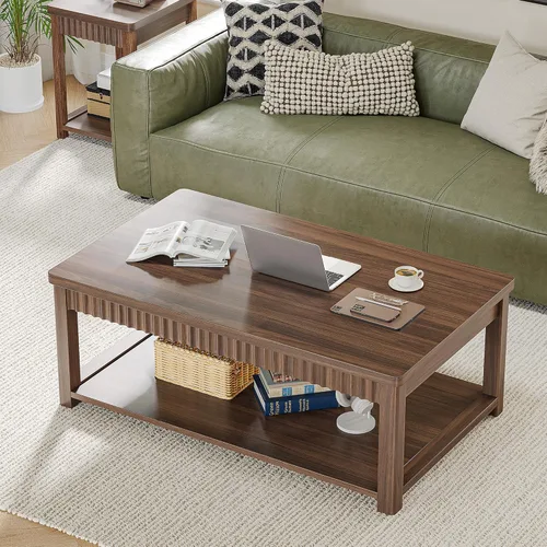 Miniatura 9 de Homkdom Mesa de Café, Mesas de Café Modernas de 39 Pulgadas para Sala de Estar con Almacenamiento de 2 Niveles y Borde Ondulado, Mesa Central