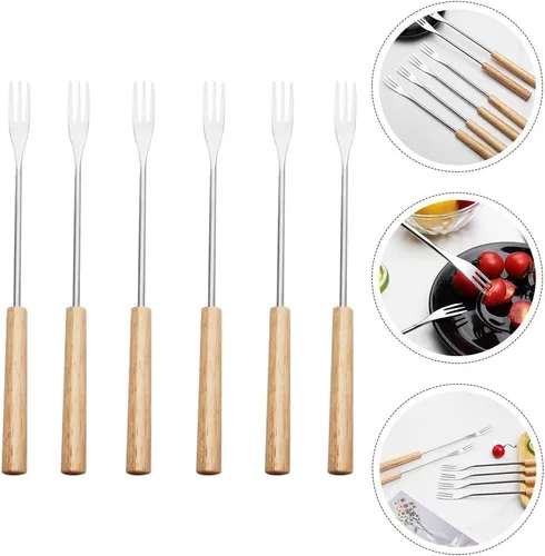 Miniatura 5 de Juego de 6 tenedores para fondue de acero inoxidable con asas de madera de 10.23 pulgadas de largo, tenedores de chocolate y queso para fiestas