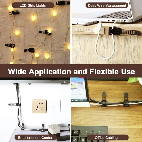 Miniatura 6 de Clips adhesivos para organizar cables, 50 piezas ajustables de nailon para correas de cables, clips de alambre organizador con cinta adhesiva Negro
