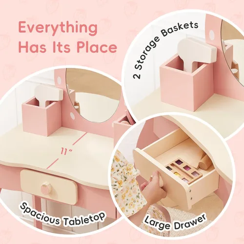Miniatura 5 de OOOK Tocador para niños de 3 años, tocador de juguete para niños con accesorios de maquillaje, mesa de maquillaje para niños con cajón, color rosa