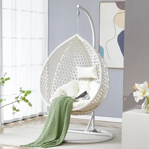 Miniatura 16 de Swining - Silla de huevo con soporte, sillas colgantes de mimbre de ratán para huevos, silla columpio para patio con cojín resistente a los rayos