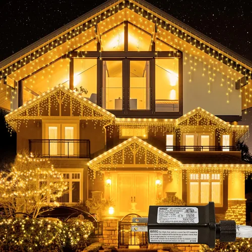 Luces de carámbano de 33 pies con 300 luces LED para exteriores, impermeables, con 50 gotas, tira de luces blancas cálidas para bodas, fiestas,