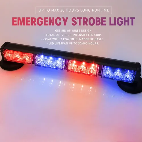 Miniatura 2 de Barra de luces estroboscópicas de emergencia para policía/bomberos de 14.8 pulgadas roja/azul alimentada por batería para camiones/vehículos #04
