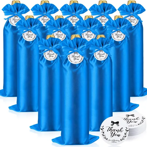 Shappy 12 bolsas de regalo de color azul satinado con cordones y etiquetas, fundas reutilizables para botellas de vino para Navidad, bodas,