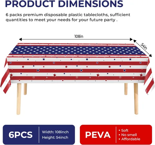 Miniatura 2 de Paquete de 6 manteles de plástico desechables patrióticos de 54 x 108 pulgadas, para fiestas con temática conmemorativa, desechables para mesas de 6