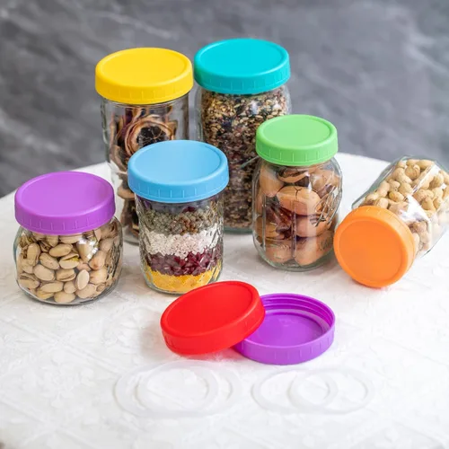 Miniatura 4 de Jumterlee Paquete de 9 tapas para tarros Mason de boca regular, tapas de plástico con anillos de silicona, tapas de conservas de plástico, bola
