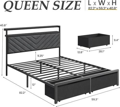 Miniatura 2 de Fluest Base de cama Queen con 2 cajones, cabecera tapizada con estación de almacenamiento y carga, luces LED, cajones de tela con ruedas