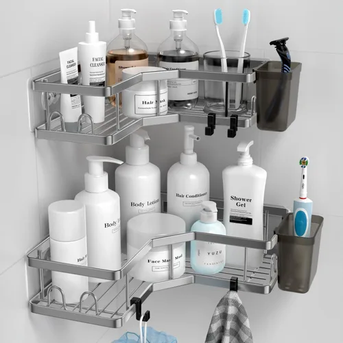 Miniatura 8 de AKTECKE Organizador de esquina para ducha, paquete de 2 estantes organizadores de esquina de ducha adhesivos, estante de almacenamiento de ducha