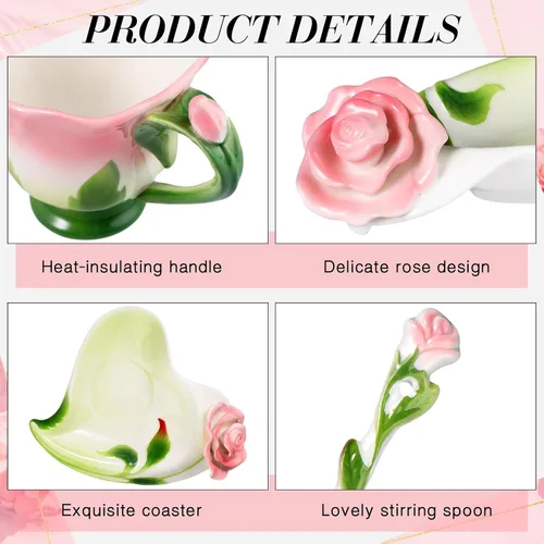 Miniatura 5 de Dandat Juego de tazas y platillos de té de rosas de cerámica con cuchara, taza y salsa en forma de flor de rosa, tazas de té de 6 onzas, taza