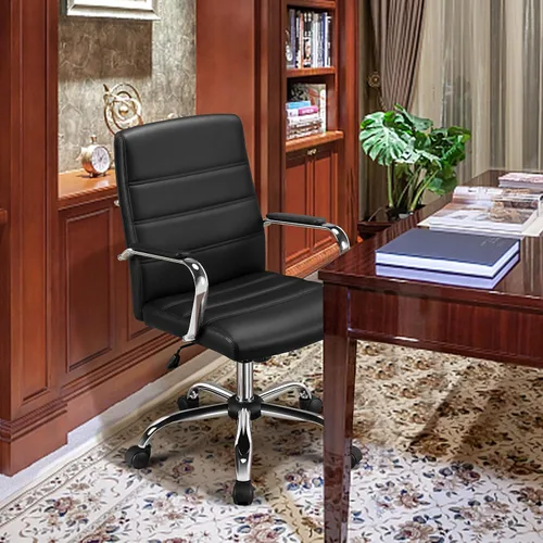 Miniatura 2 de Topeakmart Silla de oficina con respaldo medio, silla ejecutiva giratoria ajustable de piel sintética, color negro