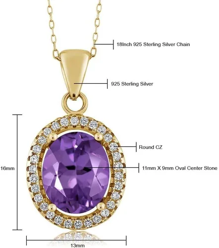 Miniatura 56 de Gem Stone King Collar con colgante de plata chapada en oro amarillo de 18 quilates de 0.433 x 0.354 in con piedra natal ovalada para mujer