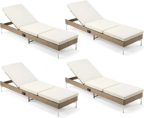 Miniatura 14 de Sillón de mimbre para exteriores, tumbona de piscina con respaldo reclinable infinito, muebles de patio, silla para tomar el sol con cojín