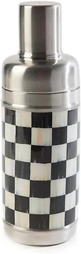 MACKENZIE-CHILDS 3260 Coctelera de 20 onzas, coctelera de acero inoxidable con tapa, con diseño de cuadros Courtly en blanco y negro