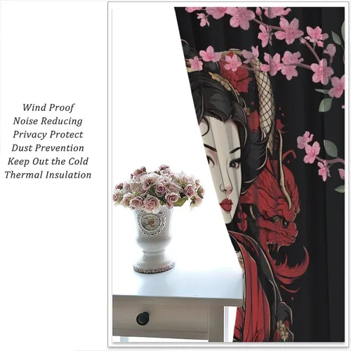 Miniatura 6 de Cortinas de geisha japonesas, flores rosas, ramas de árbol, sexy, glamour, para mujer, encantador, estética, oriental, con bolsillo para barra