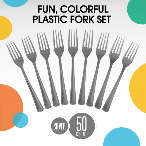 Miniatura 3 de Exquisite Tenedores de plástico plateado, 50 piezas, tenedores plateados, utensilios desechables, juego de cubiertos de plástico resistente