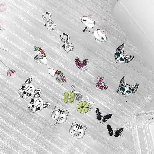 Miniatura 4 de Juego de 20 pares de aretes de ópalo de acero inoxidable para mujeres y niñas, animales arco iris, mariquita, abeja, mariposa, gato, serpiente