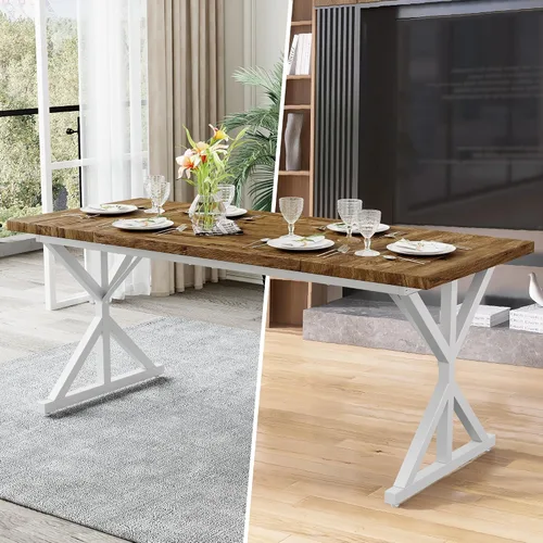 Miniatura 7 de Mesa de comedor de granja para 6-8 personas, mesa de comedor rectangular de madera de 70.8 pulgadas, mesa de cocina rústica con patas de metal extra