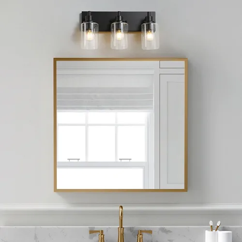 Miniatura 7 de LOUSACE Lámpara de tocador de baño de 3 luces, lámparas de baño negro mate sobre el espejo, iluminación moderna de baño con pantalla de vidrio
