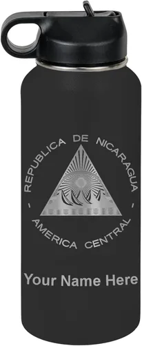 Miniatura 44 de LaserGram Botella de agua personalizada, bandera de Nicaragua, acero inoxidable de doble pared aislada al vacío con popote superior, regalo grabado