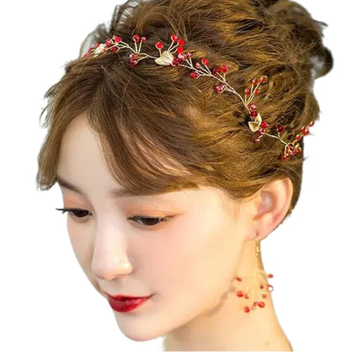 Missgrace Vid de pelo de hoja roja de cristal, aretes y diadema para boda vintage, cumpleaños, fiesta, Halloween, joyería para el cabello para mujer