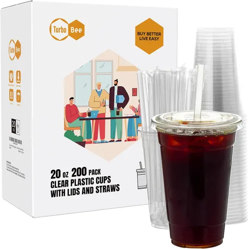Turbo Bee 200 juegos de vasos de plástico transparente de 20 onzas con tapas y pajitas, tazas de café helado desechables para llevar con tapas para