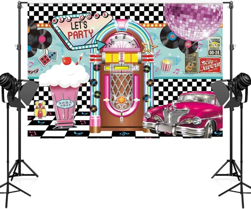Miniatura 3 de Telón de fondo de 7 x 5 pies de regreso a los años 50 para decoraciones de fiesta de cumpleaños de los años 50, decoración de fiesta de Sock Hop