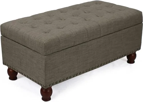 Miniatura 12 de Adeco Otomana de almacenamiento, banco tapizado rectangular de piel sintética con patas de madera, reposapiés, mesa de café para sala de estar, Negro