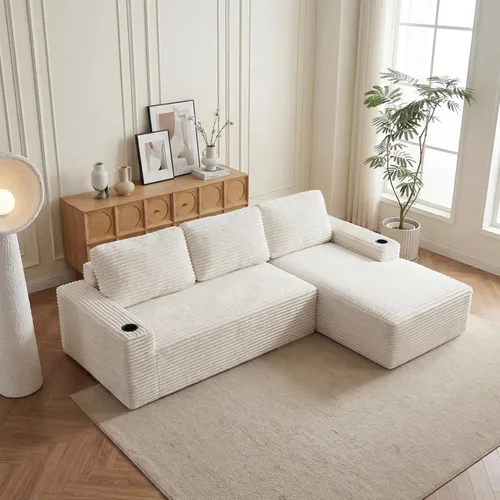 Miniatura 23 de Sofá seccional sin costuras de 108" en forma de L para sala de estar, cómodo sofá de corduroy con chaise, amplios reposabrazos, asiento profundo